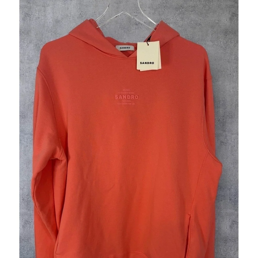 Sandro Paris Coral Pink Embossed Logo Hoodie Sweatshirt Size Extra Large - Picture 10 of 15